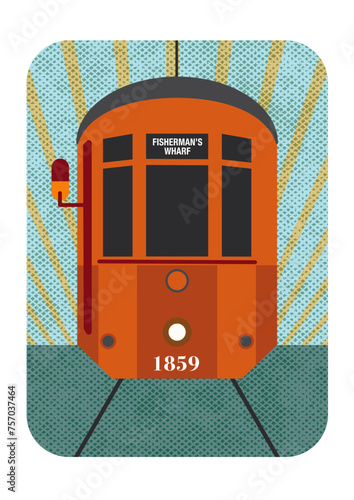 Fun with street car of San Francisco California. Retro color and texture background, isolated vector & layer illustration for poster, poster card, wall art, sticker, souvenir,