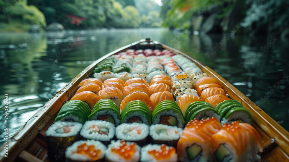 Sushi selection on a boat in a river