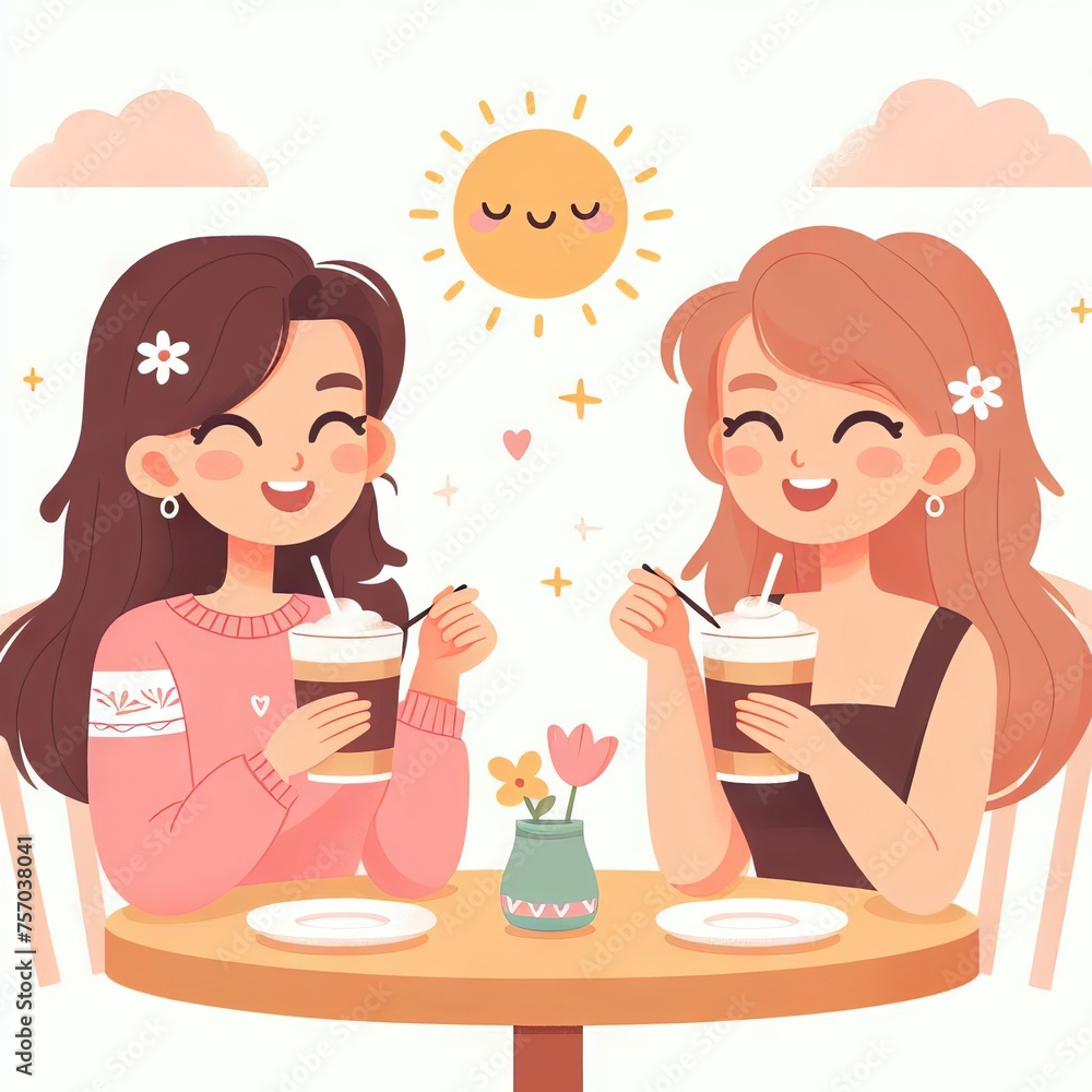 Two cute girlfriends drink cafe cappuccinos. Solar flat illustration Mocha Mousse color Two cute girlfriends drink cafe cappuccinos. Solar flat illustration Mocha Mousse color