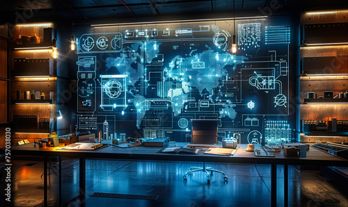 Futuristic concept room with holographic projection of technical blueprints and schematics across an interactive workspace  depicting innovation and advanced technology in design and engineering