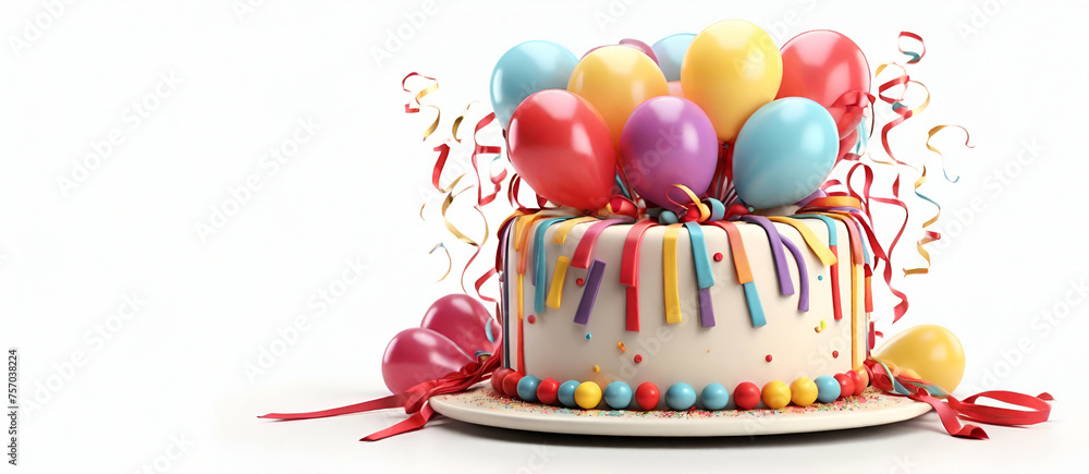 Birthday cake with balloons and ribbons 3d render on white background ...