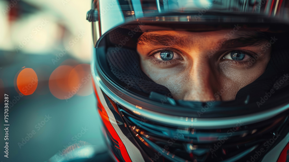 Close-up of a male racing driver's face in helmet.