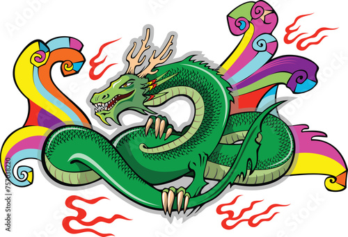 Chinese dragon, symbol of the year, surrounded by colored waves, vector illustration