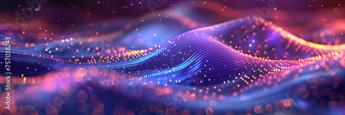 3D render abstract futuristic background with waves purple and blue glowing particles and dots, Wavy pattern of metallic mesh texture. geometry shapes data connetion tranfer.banner