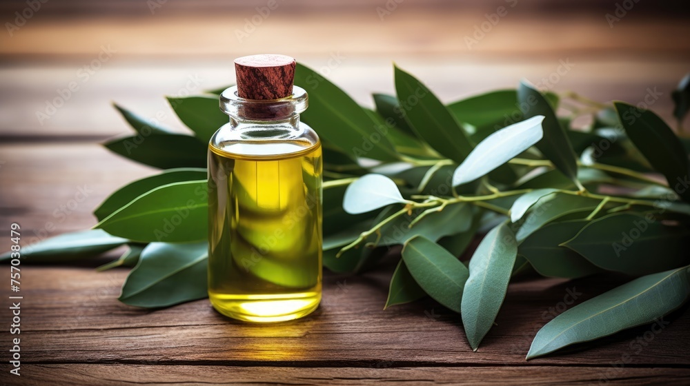 A bottle of eucalyptus essential oil and twigs of plants on a wooden table, a place for text. A bottle of eucalyptus essential oil and twigs of plants on a wooden table, a place for text.