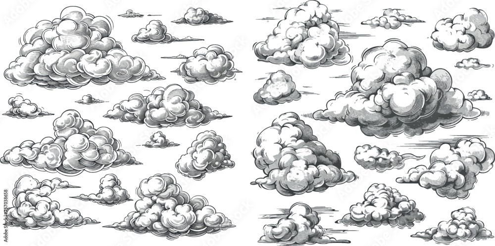 Hand drawn pencil cloudy sky, retro cloud shape engraving and overcast weather elements