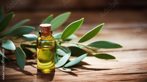 A bottle of eucalyptus essential oil and twigs of plants on a wooden table, a place for text.