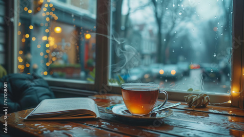 Cup of tea by rainy window with book