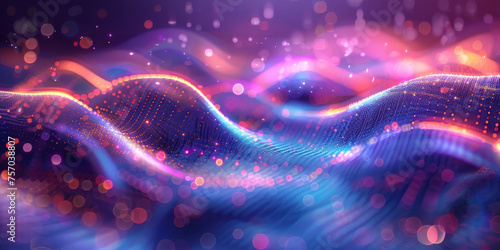 3D render abstract futuristic background with waves purple and blue glowing particles and dots, Wavy pattern of metallic mesh texture. geometry shapes data connetion tranfer.banner