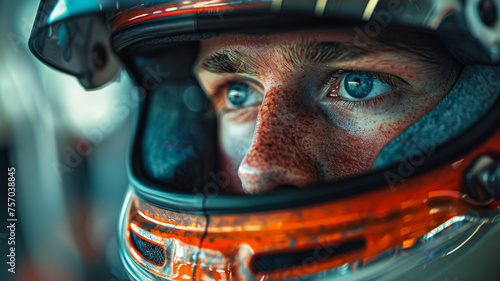 Close-up of a male race car driver's face. © SashaMagic