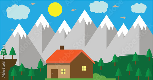 2D vector illustration of a house in the middle of a forest and snow mountains, country and nature theme, camping concept