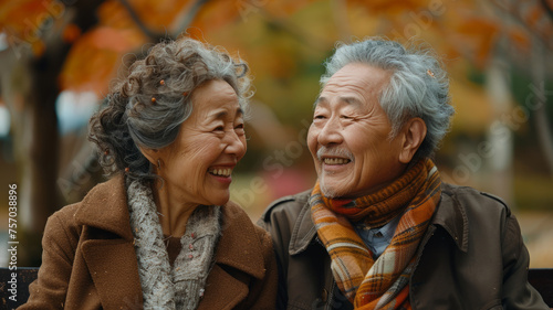 Two joyful elderly Asian individuals sitting together.