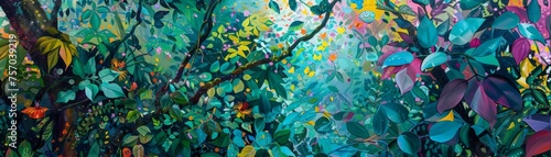 Enchanted forest-themed mural with a vibrant array of colors and plants