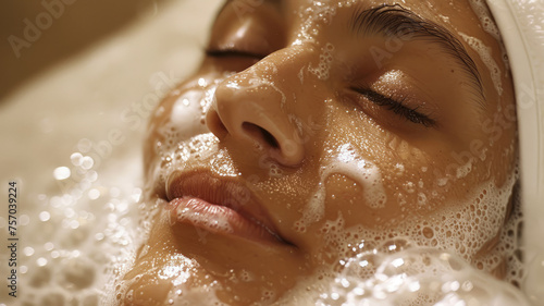 A woman with a face covered in soap suds.