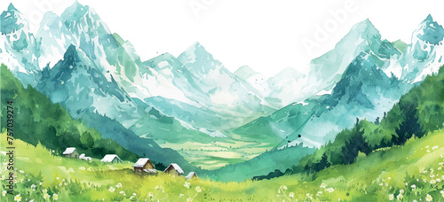 watercolor landscape with tiny houses in  mountains