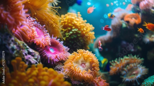 Colorful sea anemones and tropical fish in an aquarium
