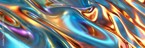 abstract silver liquid metal with iridescent fluid patterns ,banner, dark silver and light gold liquid fluid glossy chrome ,colorful holographic texture wave background