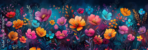 Colorful floral background with a variety of vibrant flowers and leaves on a dark blue backdrop, ideal for spring-themed designs with space for text © fotogurmespb