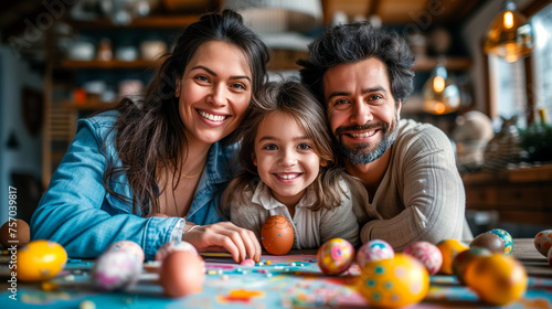 joyfully family painting Easter eggs at home. kid and parents prepare for Easter