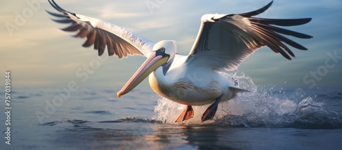 A seabird with a long beak, feathers, and wings is gliding gracefully over the liquid surface of the ocean, in harmony with natures event in the sky © AkuAku