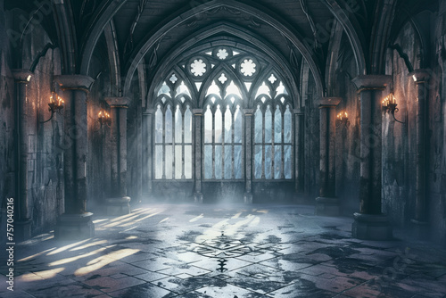 Majestic gothic cathedral interior with ornate windows, Gothic arches, and atmospheric lighting, suitable for historical or fantasy concept background with copy space