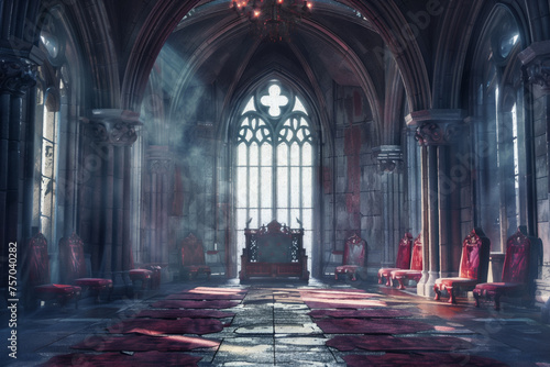 Mystical Gothic cathedral interior with stained-glass windows and dramatic lighting  featuring red velvet chairs and an ornate throne  ideal as a fantasy backdrop