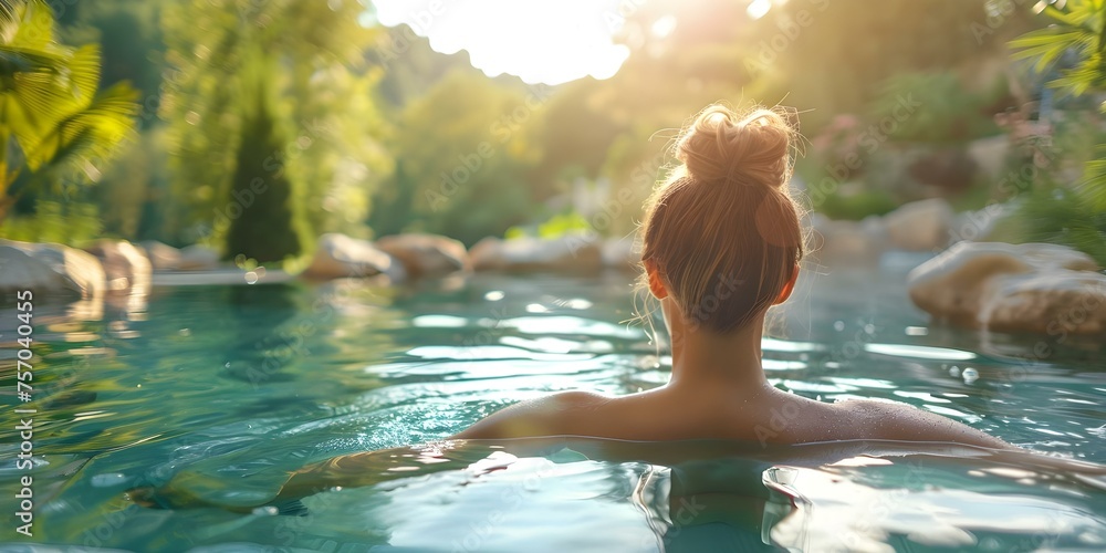 In a Serene Hot Spring Oasis: Woman Reconnects with Nature's Healing Powers. Concept Nature Reconnection, Healing Waters, Serenity, Hot Spring Oasis, Woman Portrait