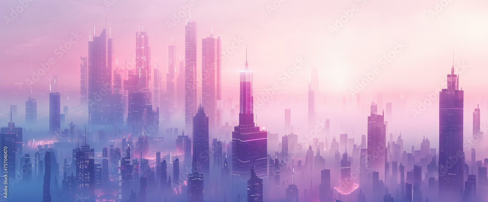 Futuristic cityscape with neon-lit skyscrapers in a soft pink haze, ideal for technology and sci-fi concepts, with ample copy space for text