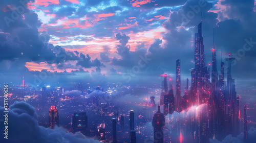 Futuristic cityscape at dusk with vibrant pink and blue skies, illuminated skyscrapers, and space for text, ideal for sci-fi or advanced technology concepts