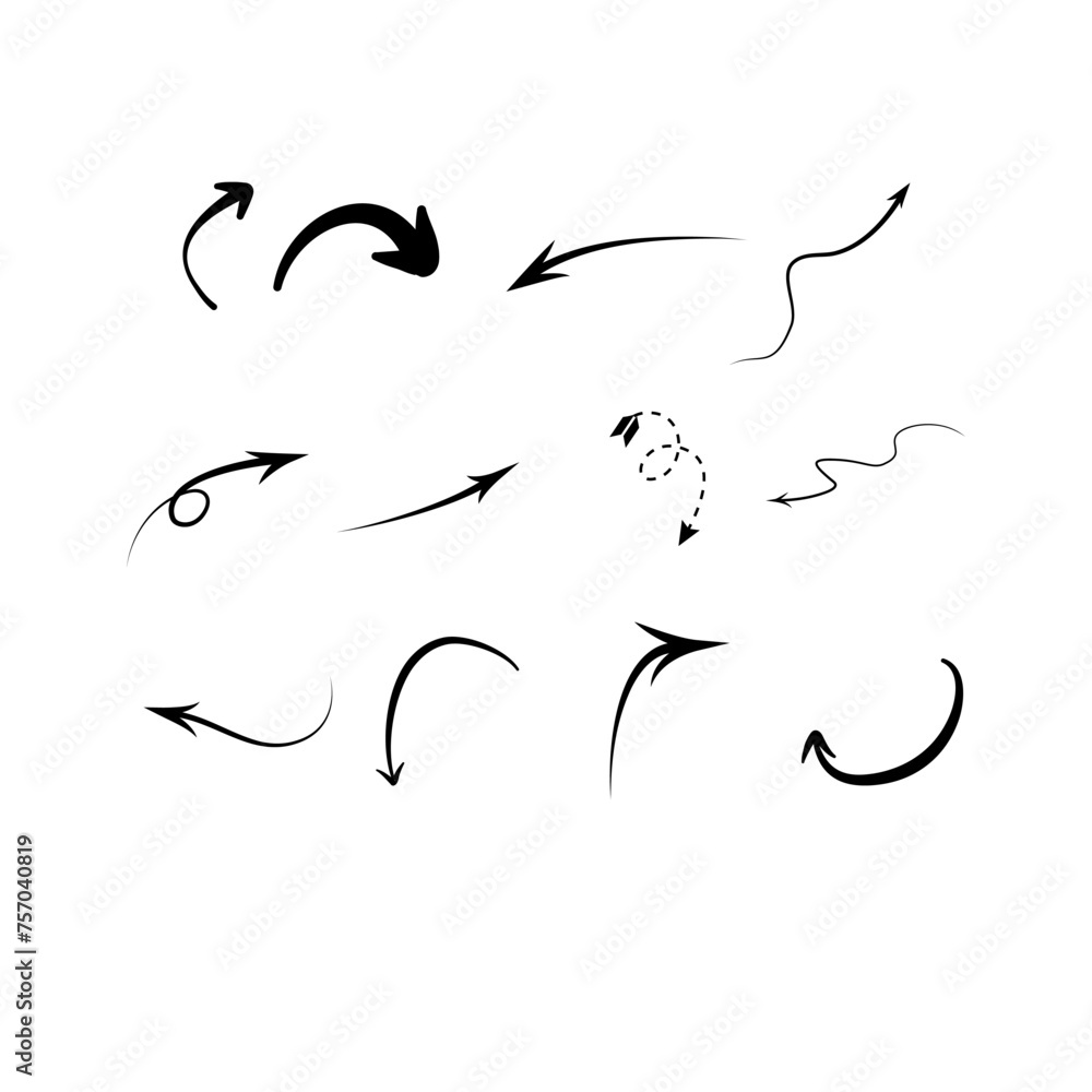 Hand drawn arrow set doodle sketch isolated on grey background.Vector illustration. Hand drawn arrow set doodle sketch isolated on grey background.Vector illustration.