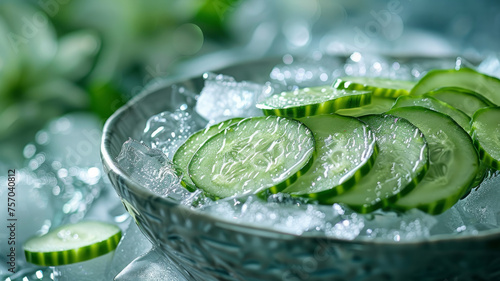 Close-up of sliced cucumbers on ice.