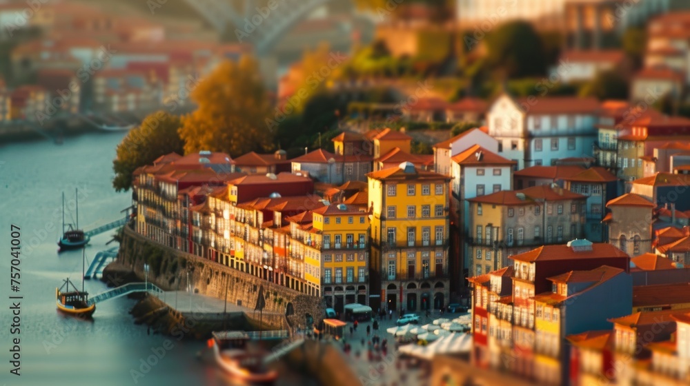 Tilt-shift photography of the Porto. Top view of the city in postcard style. Miniature houses, streets and buildings