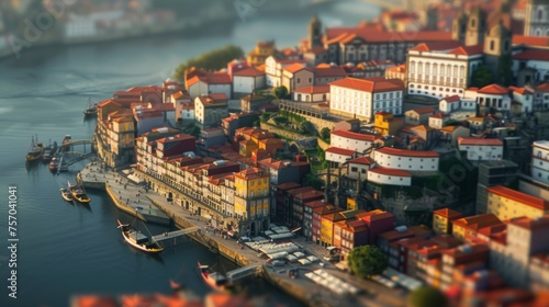 Tilt-shift photography of the Porto. Top view of the city in postcard style. Miniature houses, streets and buildings © Vladimir