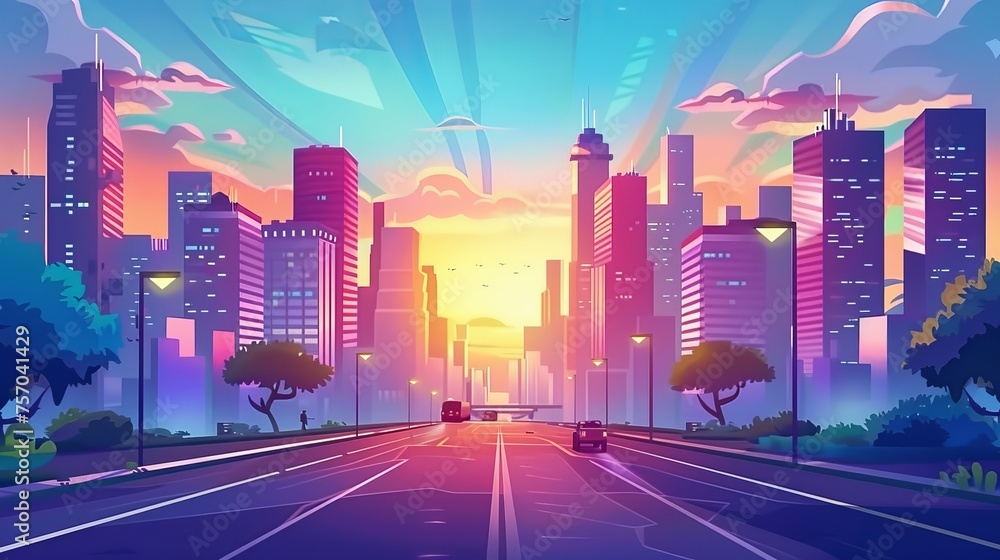 A road leads to a downtown area with multistory buildings at sunset or sunrise. A cartoon landscape shows cars traveling on a highway with streetlights. A cityscape shows skyscrapers and vehicles.