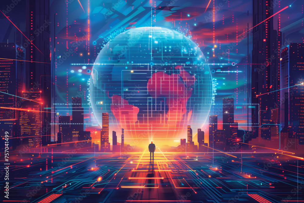 Futuristic cityscape with a digital globe and a silhouette of a person facing forward, concept for global connectivity, technology background with copy space