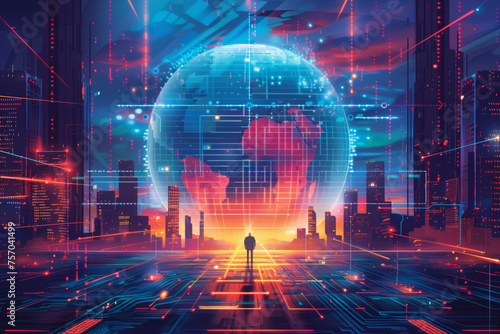 Futuristic cityscape with a digital globe and a silhouette of a person facing forward, concept for global connectivity, technology background with copy space