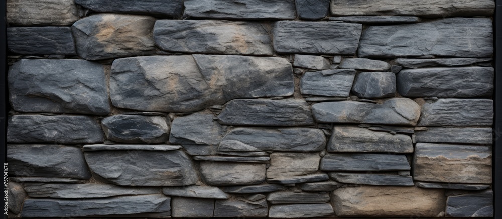 Fototapeta premium A detailed closeup of a grey stone wall with black brickwork framing, showcasing the intricate pattern of cobblestone building material used in the construction