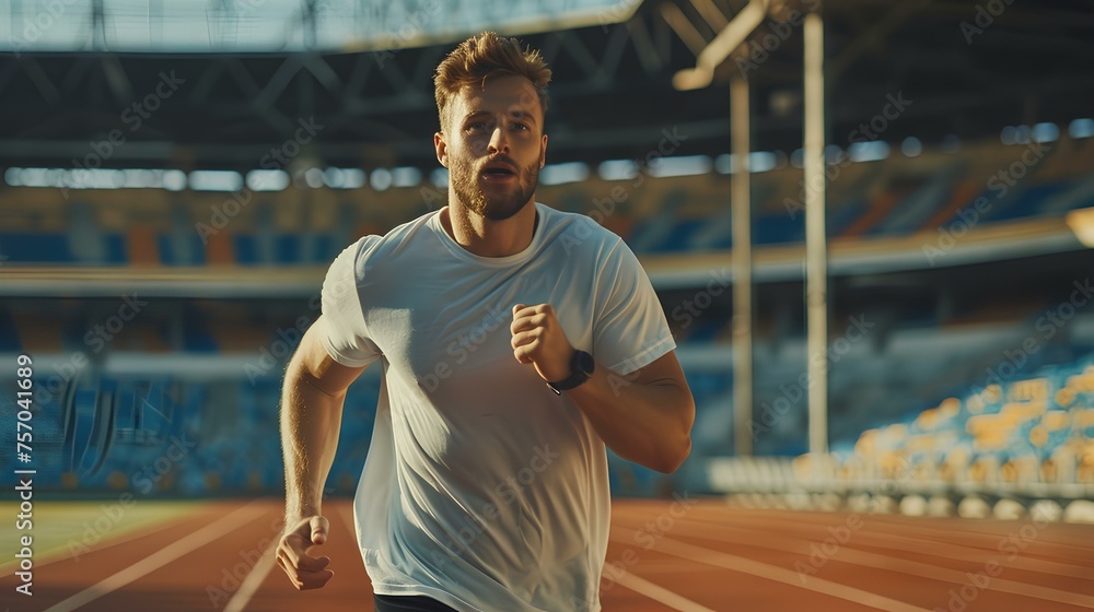 Fototapeta premium Young athletic man with good looks and light smile jogging in the stadium. generative AI
