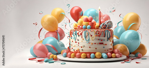 Birthday cake with balloons and ribbons 3d render on white background., perfect for customizable greetings generative by ai. 