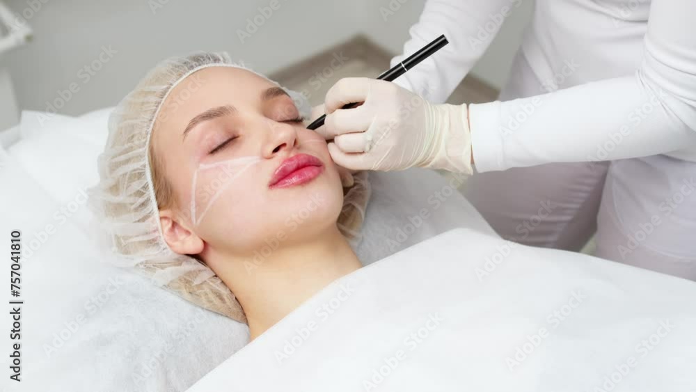 A master performs a lip augmentation procedure on a woman in a beauty salon in a beauty salon. Before the procedure, he makes corrections with a marker. Concept of cosmetology, surgery and injections. A master performs a lip augmentation procedure on a woman in a beauty salon in a beauty salon. Before the procedure, he makes corrections with a marker. Concept of cosmetology, surgery and injections.