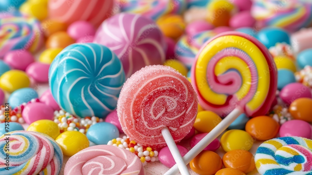 Colorful pile of candies and lollipops.
