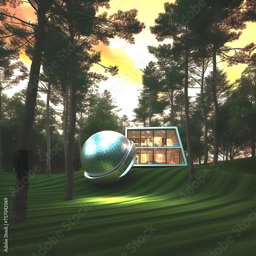 Modern futuristic house on the moon, lawn with golf course, fairytale forest with magical rays of light through fantasy trees, tangerine trees, star background on space background