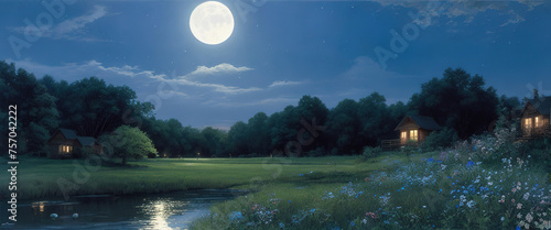 Summer landscape, moonlit valley and lake with thickets of grass and forest in the distance photo