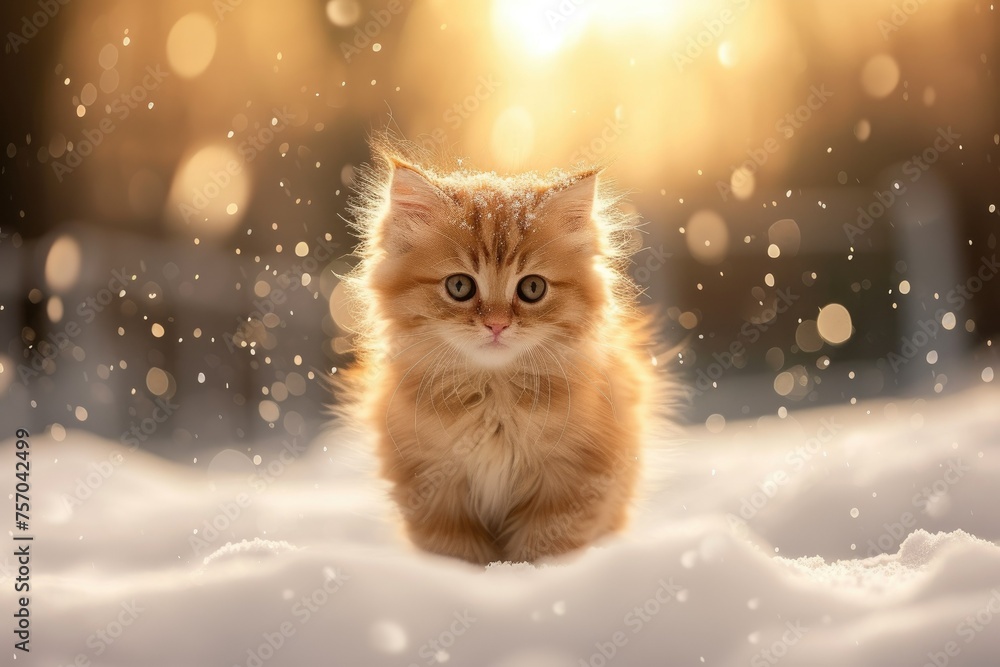 A small orange kitten is standing in the snow A small orange kitten is standing in the snow