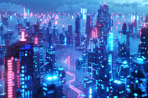 Futuristic cityscape with glowing neon lights and skyscrapers, concept of cyberpunk and technology, with copyspace for text, suitable for backgrounds