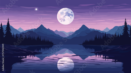 A landscape night moon mountains lake flat vector © Nobel