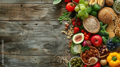On a rustic wooden table, an assortment of vibrant health foods is artfully arranged. 

 photo