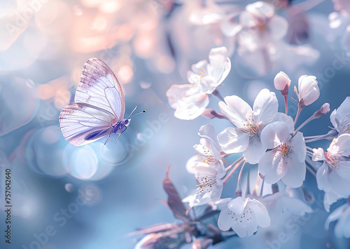 Beautiful white butterfly flying towards blossoming cherry branch. blue background. soft focus.
