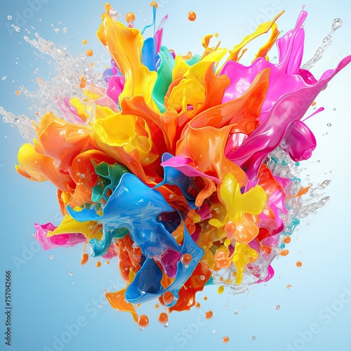 A colorful explosion of paint splatters on a blue background