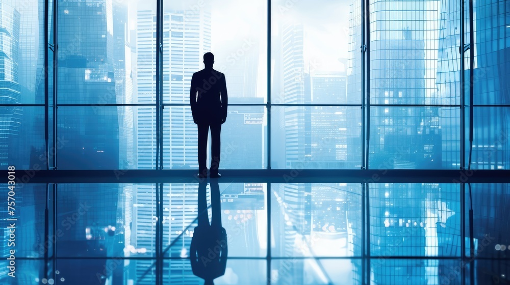 Fototapeta premium A man stands in front of a window looking out at the city